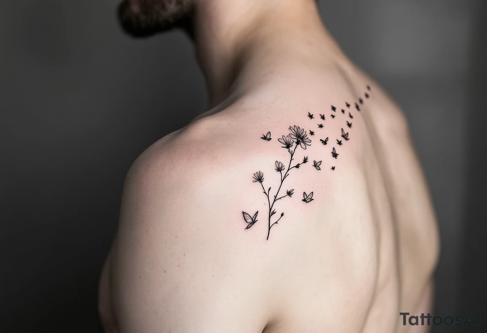 A wood violet blowing in the wind with pedals floating away turning into birds tattoo idea
