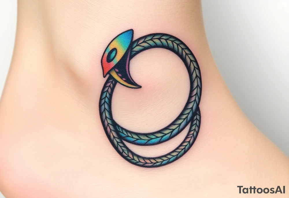 A prism-like Ouroboros snake forming cyrcle with iridescent rainbow hues, changing colors depending on the angle of light. tattoo idea