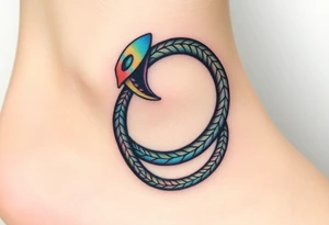 A prism-like Ouroboros snake forming cyrcle with iridescent rainbow hues, changing colors depending on the angle of light. tattoo idea