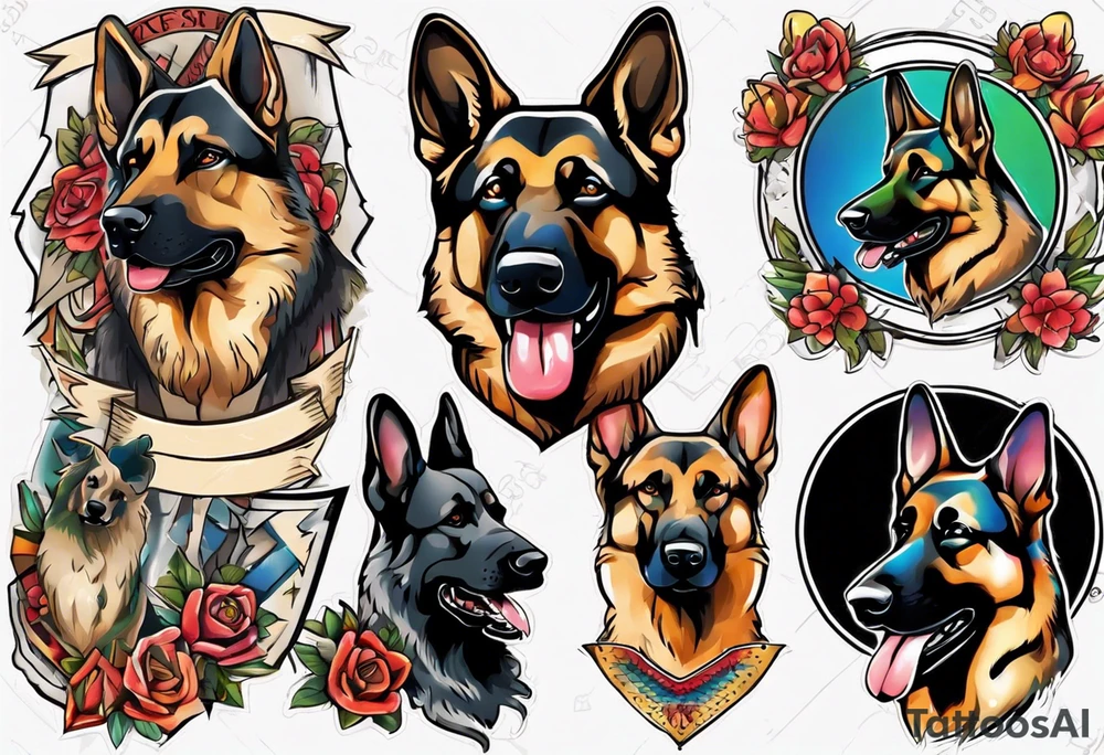 German Shepherd with banner underneath brightly colored tattoo idea