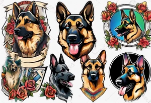 German Shepherd with banner underneath brightly colored tattoo idea