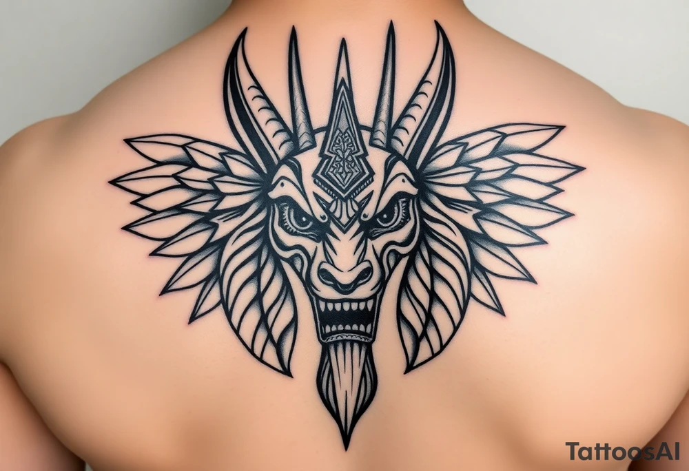 Angry muscle Egyptian Anubis god face in Egypt style tattoo idea