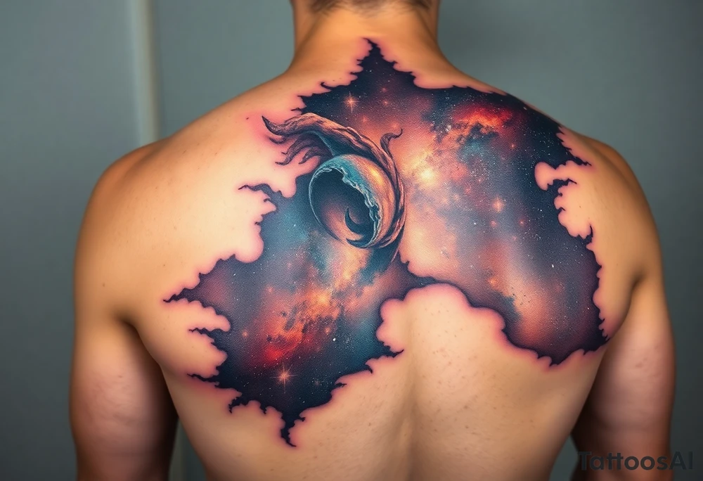 Beautiful and epic 3d milky way that appears to be what is beneath the skin. Make it drape over the shoulder and move to the middle back. use negative spaces to create stars and dust. Incorporate God breathing life into the universe. IKeep it symmetrical tattoo idea