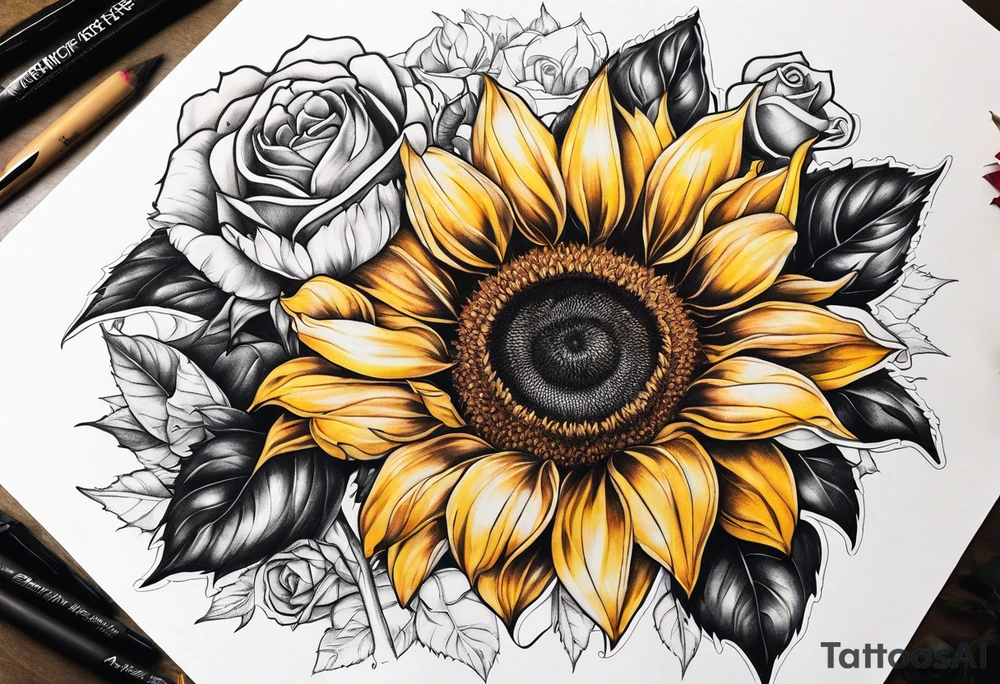 Sunflower and roses tattoo idea