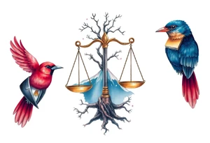 one of the birds red wearing a suit, other bird navy blue with glasses or holding a book, scales of justice built into a tree, starry night painting and mountain background tattoo idea