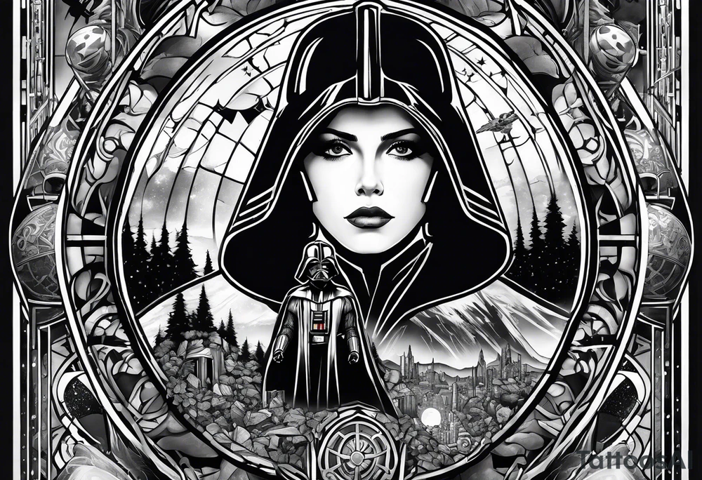 Full arm sleeve tattoo extending from shoulder to wrist featuring themes of Star Wars, Lord of the Rings, and DC comics tattoo idea