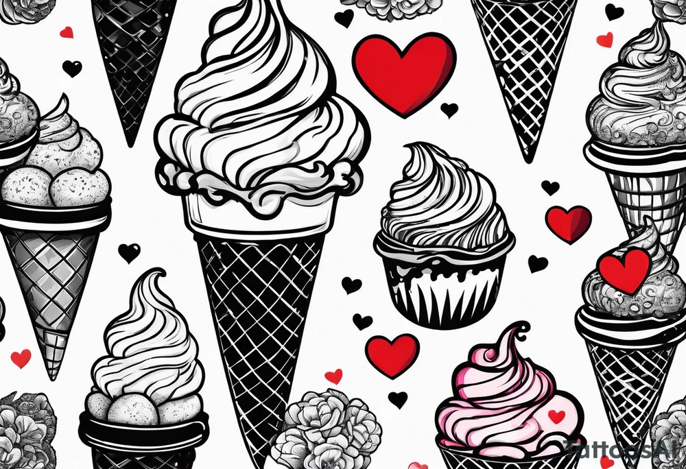black and white ice cream cone with small red heart on it somewhere. tattoo idea