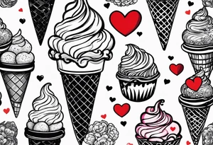 black and white ice cream cone with small red heart on it somewhere. tattoo idea