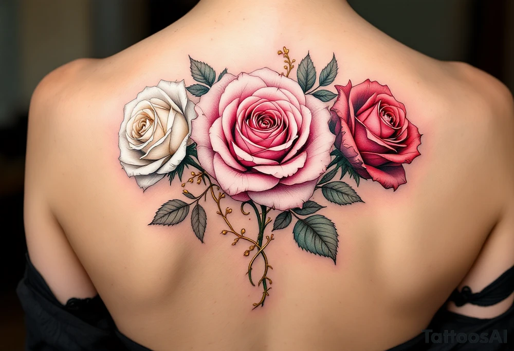 Three roses in different stages of bloom—white (beginning), pink (growth), and deep red (passion)—intertwined with golden vines. tattoo idea