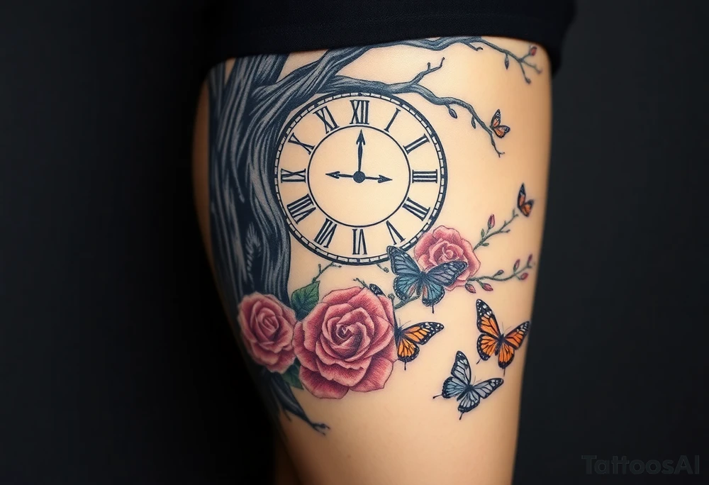 a big clock behind the big poisoned tree, big and small roses, big and small butterflies tattoo idea