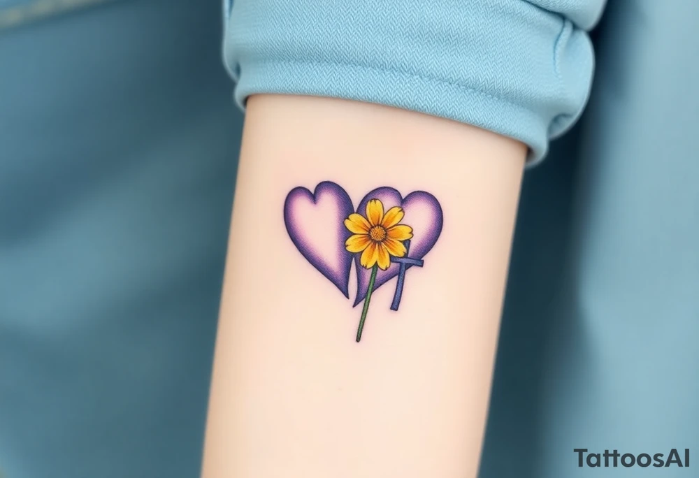 simple with Purple Hearts with yellow daisy with cross tattoo idea