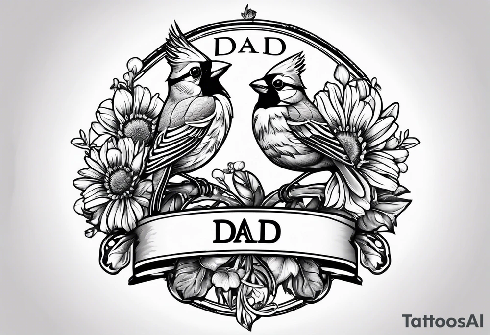 Aster flowers and sea rocket flowers with a cardinal around the words Dad tattoo idea
