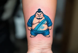 A sumo wrestler in traditional blue mawashi with a focused expression and stylized black outlines. tattoo idea