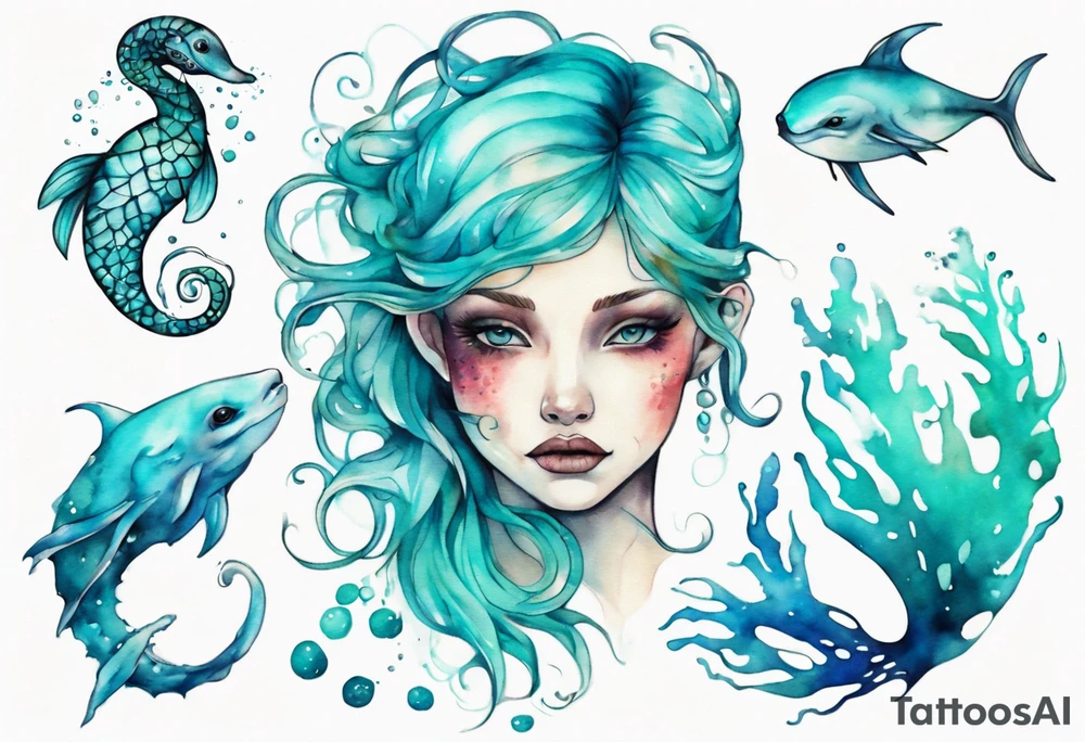 a beautiful feminine turquoise seas creature tattoo idea