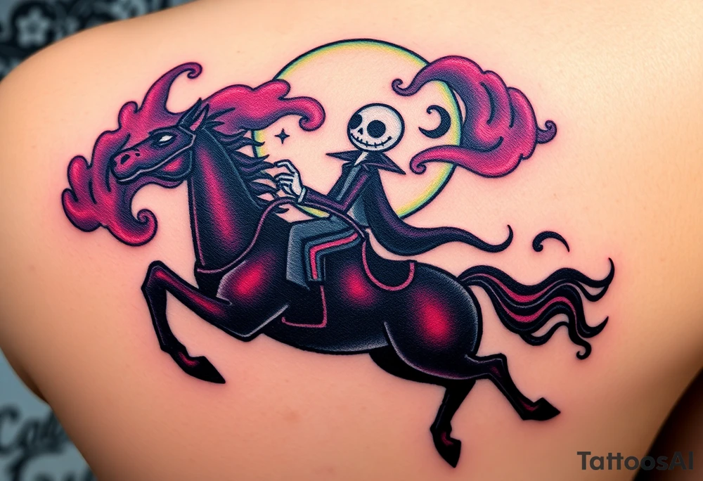 Tim Burton’s headless horseman is riding in the night he holds his head in hand as his horse bucks upwards and dripping with muted reds, dusty pinks, and eerie green glow.purple and cyan smokey clouds swirl in the crescent moonlit sky thats sprinkled with stars tattoo idea tattoo idea