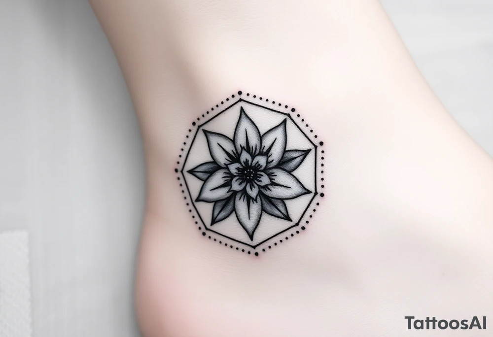 Hexagon with a Leo larkspur and water lilies in the center tattoo idea