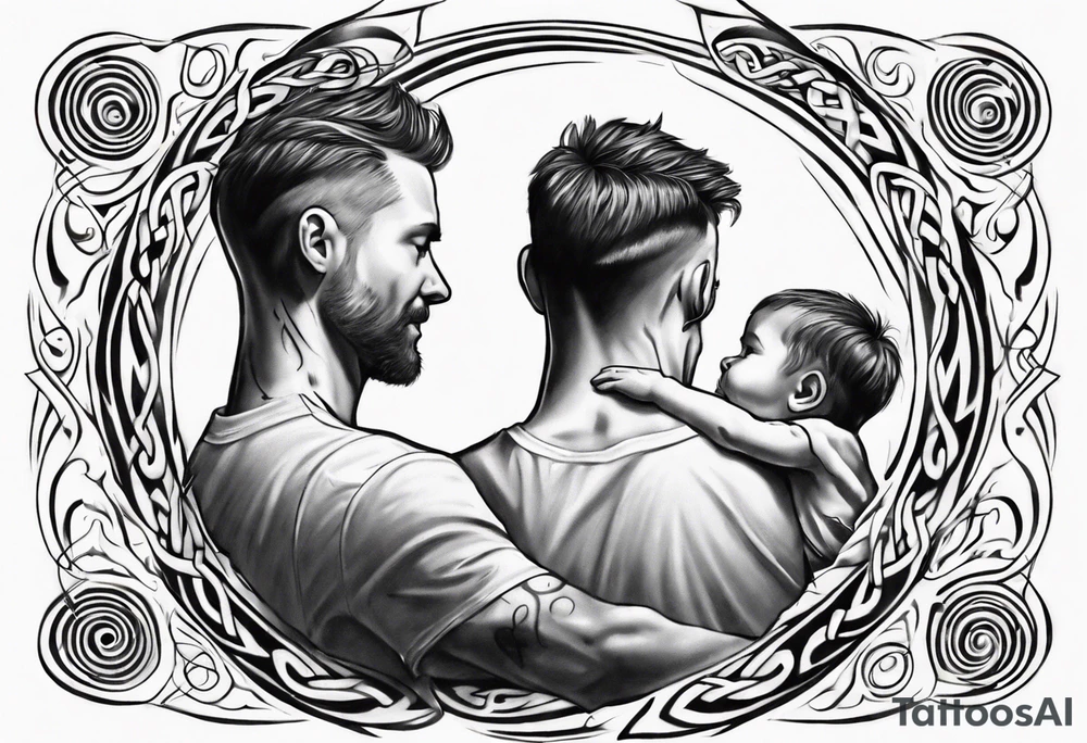 Son sitting on father's shoulders. Walking into the sun. Treble clef on son's back. Celtic design on father's back. tattoo idea