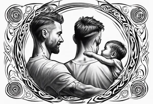 Son sitting on father's shoulders. Walking into the sun. Treble clef on son's back. Celtic design on father's back. tattoo idea