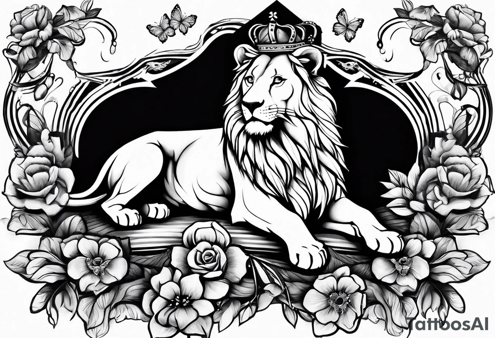 Lion, Blossom, Crown tattoo idea