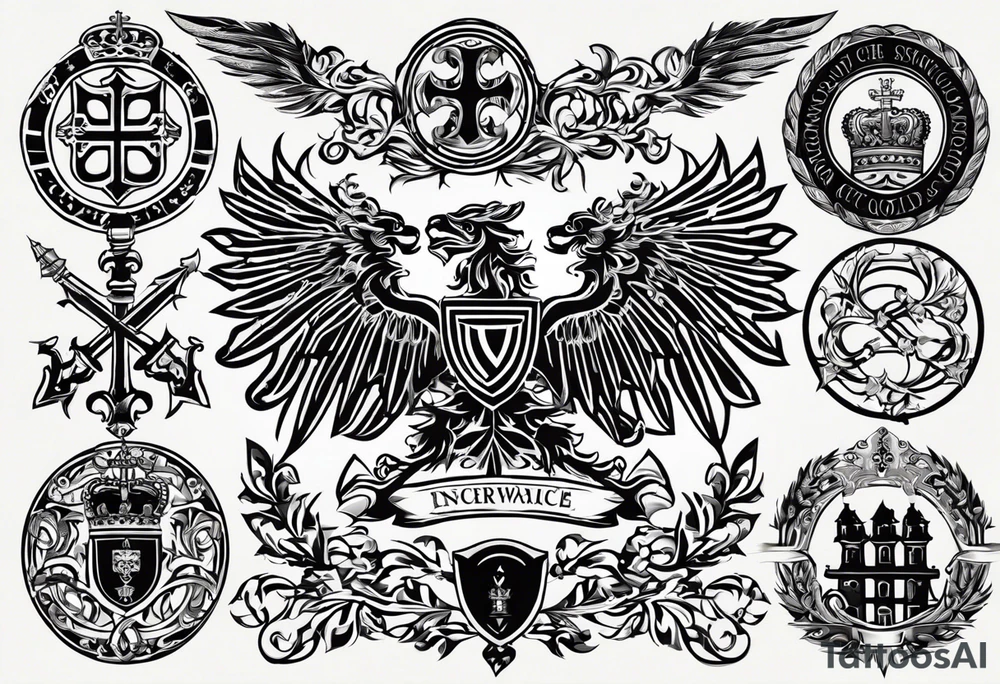 Merge the heraldic elements of england, northern ireland, ireland, scotland, wales, germany, croatia, serbia, slovakia, slovenia, and czech republic intertwined in a harmonious and elegant manner. The design should be symmetrical and suitable for a shoulder placement. tattoo idea