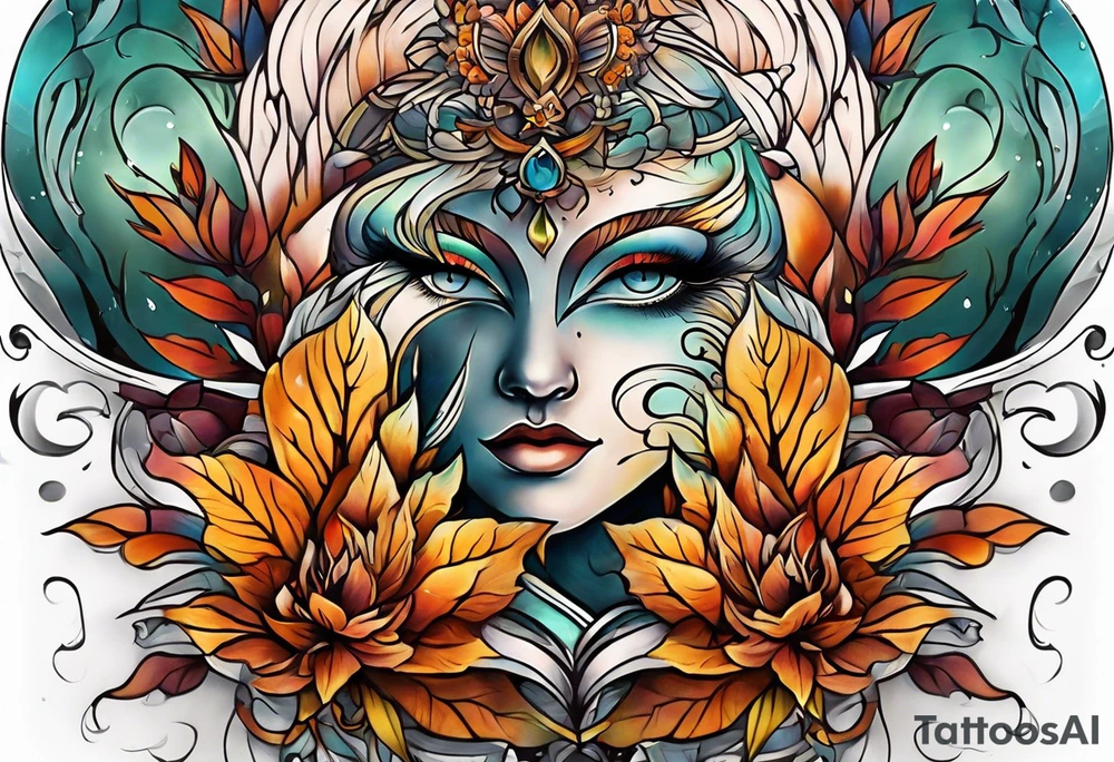 Knee tattoo in fall colors with water flow washes tattoo idea