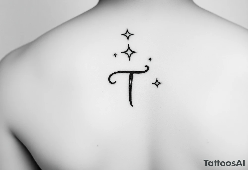 “T” in writing on hand with stars tattoo idea