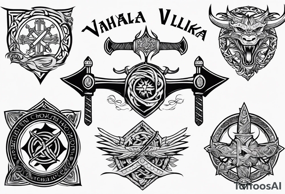 Valhalla sword dragon head axe viking church tattoo idea