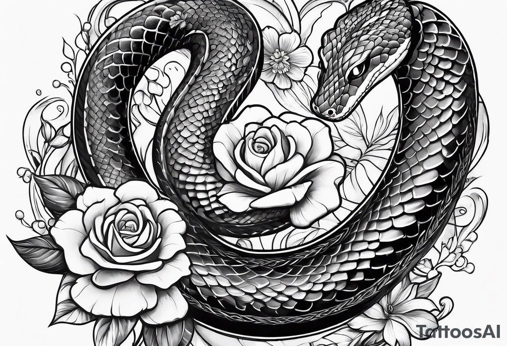 snakes with a playing card with flowers tattoo idea