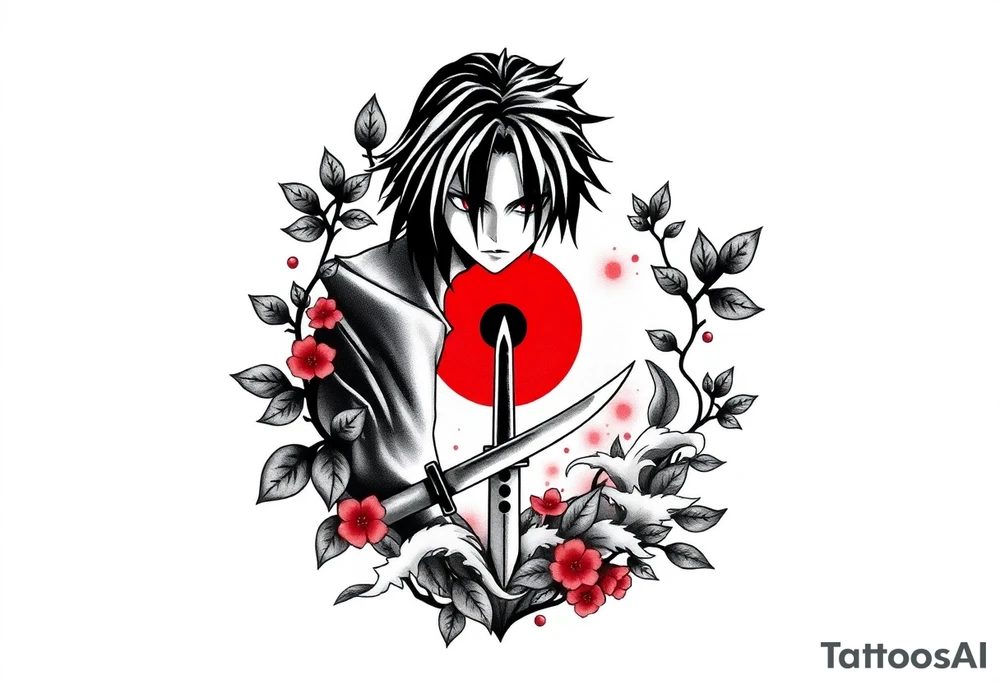 Tattoo design with a calm and motivating atmosphere. Centered around Itachi Uchiha in a protective pose with a gentle Sharingan eye, radiating subtle red chakra energy. Add a kunai knife resting peacefully in the ground surrounded by flowing leaves and wind. Incorporate soft natural elements like cherry blossoms, water waves, and sunlight breaking through clouds. Optional silhouette of a Naruto-style friendship moment to represent trust and loyalty. Style should be black and grey with touches of warm red, gold or soft blue – artistic, emotional, and full of strength, endurance and hope tattoo idea