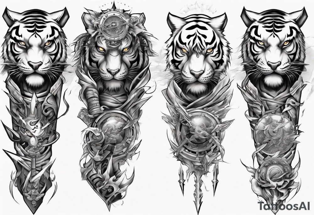 Tiger Warrior sleeve tattoo with lightning and the sun
Forearm sleeve tattoo idea Tiger Warrior sleeve tattoo with lightning and the sun
Forearm sleeve tattoo idea