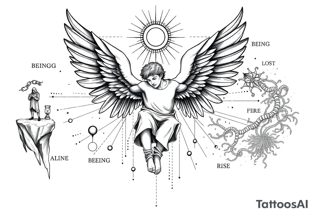 A detailed blackwork and fine line tattoo design, to be placed on a forearm, in the specific illustrative and dotwork engraving style. The central and most prominent element is a large, powerful illustration of a falling male angel with expansive, detailed wings, as depicted in the reference image. He is descending amidst abstract geometric lines and circles. Above him is a sunburst element with radiating lines and dots. The text "every fall is a chance to rise" is integrated around this central figure, split into two parts.
​Surrounding this centerpiece, the four key phases of life are interconnected:
​Upper Section (Framing the fall):
​To the left, "BEING ALONE" is symbolized by a solitary, cloaked figure on a cliff edge overlooking a void, with broken chains and a cracked hourglass.
​To the right, "BEING LOST" is depicted as a tangled forest of thorny vines and a stormy sea with a broken compass and a tattered map. The text "BEING ALONE" and "LOST" are included.
​Lower Section (Symbolizing the rise):
​Below the central geometric elements, "FINDING PURPOSE" is featured with a radiating lighthouse, a clear compass, and an illuminated scroll with symbols. The text "FINDING PURPOSE" is included.
​At the very bottom, "RISING AGAIN" is shown as a magnificent phoenix rising from flames, with balanced scales and a crowned figure ascending. The text "RISING AGAIN" is included.
​Style Notes:
​The entire tattoo is rendered in black ink only, using fine lines, deep black shading, cross-hatching, and extensive dotwork to create texture, depth, and a classic engraving feel.
​All elements are interconnected with subtle flowing lines, geometric patterns, and dotted pathways, creating a cohesive and powerful narrative around the central theme of falling and rising. tattoo idea