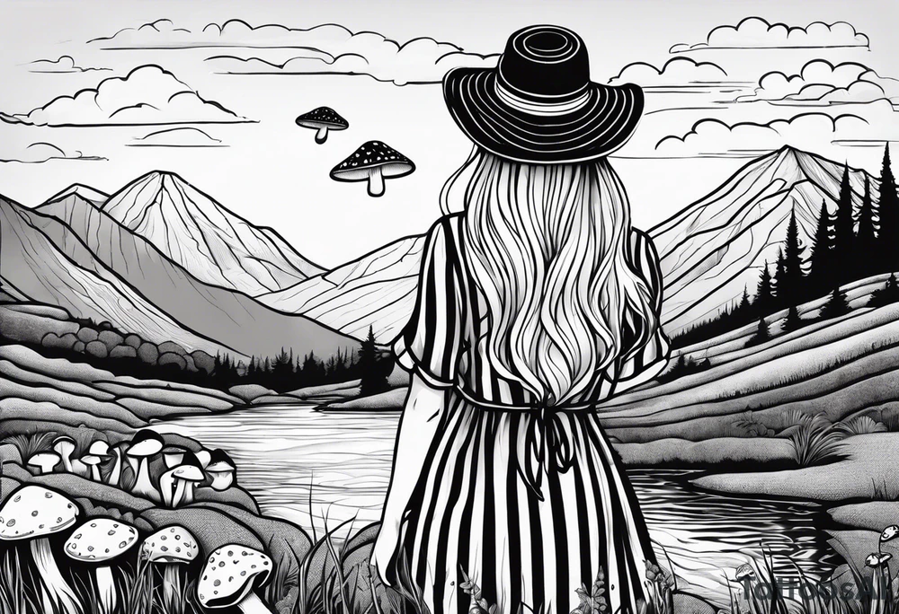 Straight long blonde hair hippie girl in distance holding mushrooms in hand facing away toward mountains and creek surrounded by mushrooms black and white striped dress tattoo idea