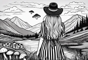 Straight long blonde hair hippie girl in distance holding mushrooms in hand facing away toward mountains and creek surrounded by mushrooms black and white striped dress tattoo idea