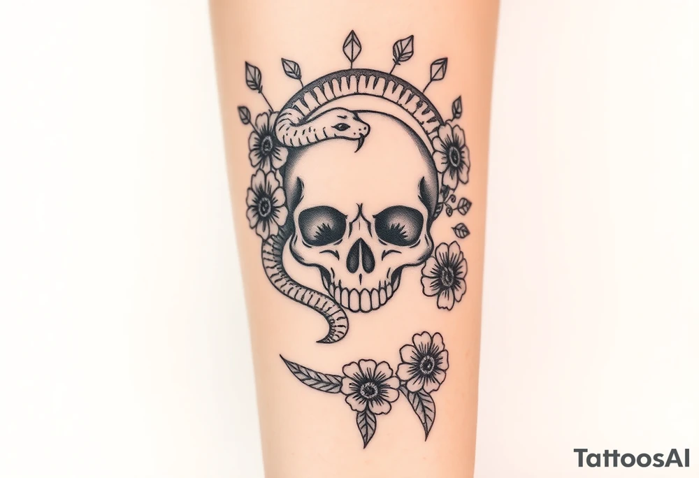 Feminine skull with snake wrapped around and surrounded by wildflowers and hearts in heavy black work neo traditional style tattoo idea