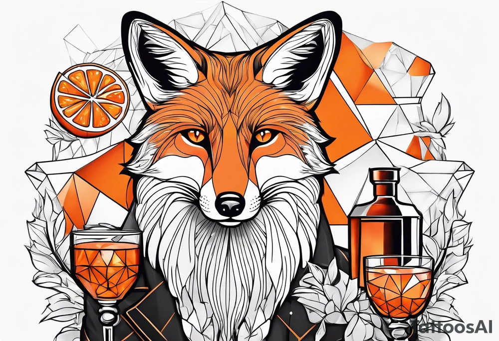 Geometric cool fox with one Negroni in short lowball cocktail glass with ice and orange peel tattoo idea