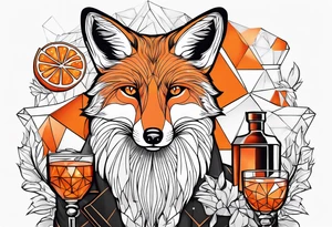 Geometric cool fox with one Negroni in short lowball cocktail glass with ice and orange peel tattoo idea