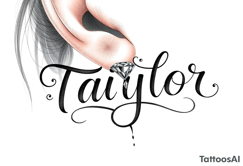 The name Taiylor spelled vertical with the O as a diamond ring behind the ear tattoo tattoo idea