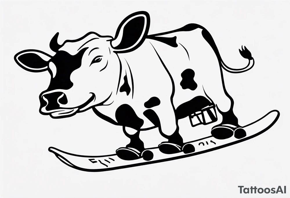 Generate a minimalist and simple black and white tattoo design featuring a joyful cow snowboarding, wearing goggles. Focus on essential lines and details to convey the playful spirit of the scene. The cow should exude confidence while effortlessly snowboarding down a snowy slope. Keep the design clean and uncluttered, suitable for a small to medium-sized tattoo space. Emphasize the charm and whimsy with the addition of goggles, ensuring the overall aesthetic remains simple and minimalistic. The goal is to create a visually appealing and easily recognizable tattoo that captures the essence of a cow enjoying a snowboarding adventure tattoo idea