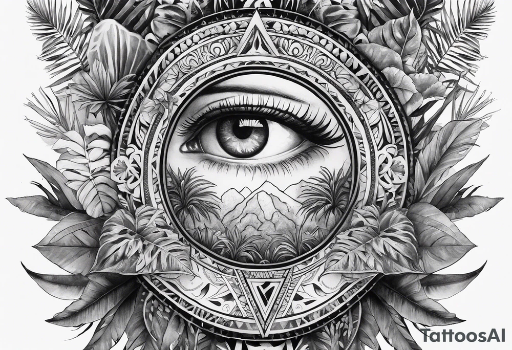 full arm sleeve tattoo with all-seeing eye surrounded by jungle plants tattoo idea