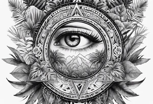 full arm sleeve tattoo with all-seeing eye surrounded by jungle plants tattoo idea