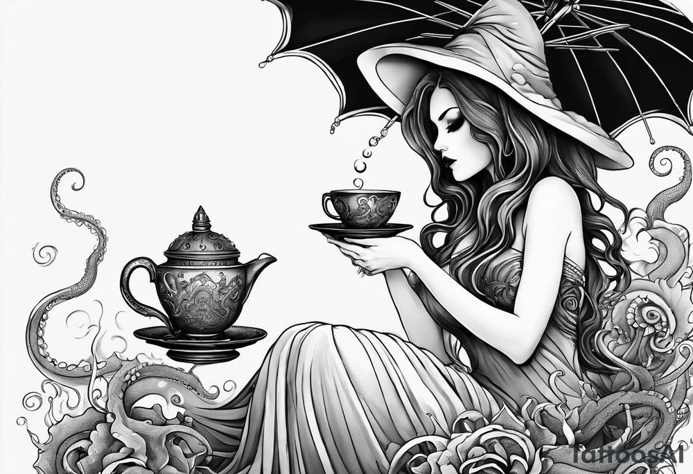 a sea witch with tentacles holding a teacup sitting inside a large umbrella tattoo idea