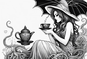 a sea witch with tentacles holding a teacup sitting inside a large umbrella tattoo idea