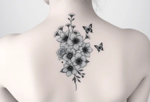 Simple Delphinium, violet, narcissus, rose, daisy bouquet vertically down the spine not connected with butterflies tattoo idea