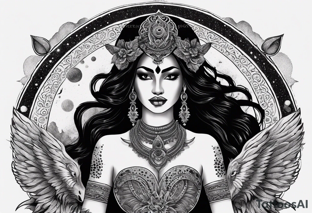black kali, goddess pirate, alien, angel, pachamama, valkrye, warrior, flying, skull, lotus azul, wing, eagle, zenza resonance, stars, 5D, anahata chakra, death, durga, riding on a tiger, flying lady, kundalini, chest tatoo, samuri, rebel,s erpent tattoo idea
