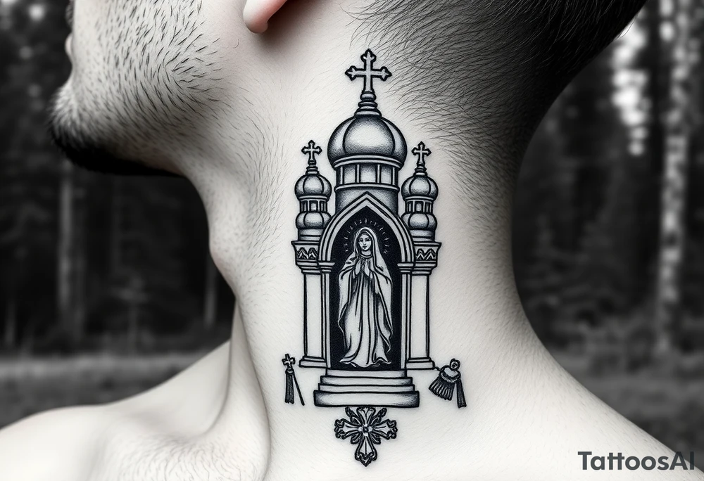 russian coat arms traditional christian orthodox cross with a virgin mary stood in the entrance of a russian orthodox dome church on the side of the neck in a wilderness setting tattoo idea