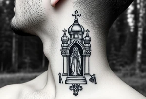 russian coat arms traditional christian orthodox cross with a virgin mary stood in the entrance of a russian orthodox dome church on the side of the neck in a wilderness setting tattoo idea