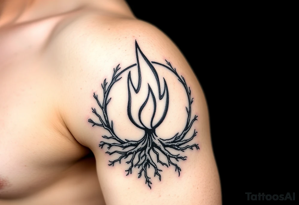 flame in a blooming roots circle tattoo idea