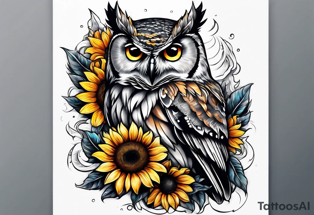 Owl and sunflower sleeve tattoo idea