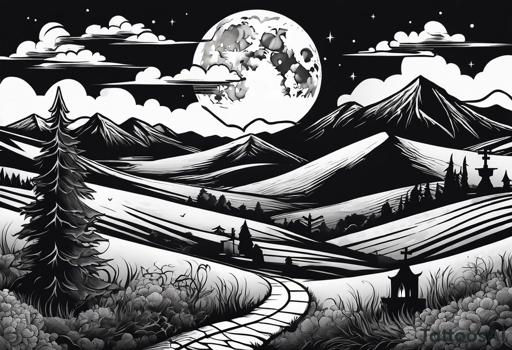Graveyard with moon and smoke  on hills tattoo idea