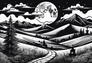 Graveyard with moon and smoke  on hills tattoo idea